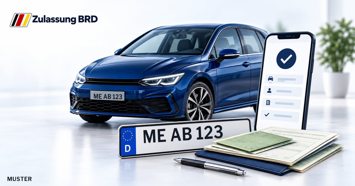 Online Fahrzeugzulassung in Erkrath: Musterkennzeichen ME AB 123, Auto und Fahrzeugpapiere und Smartphone. Illustration mit Logo von Zulassung BRD.